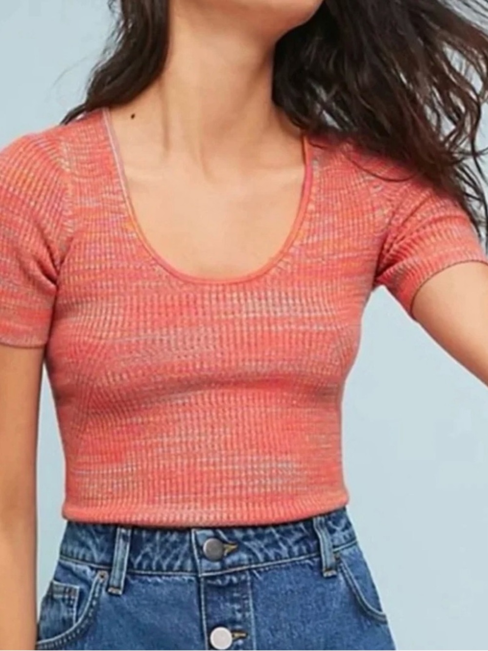 Moth Anthropologie Rib Knit Top Pink, Orange, Turquoise Short Sleeve Tee XS